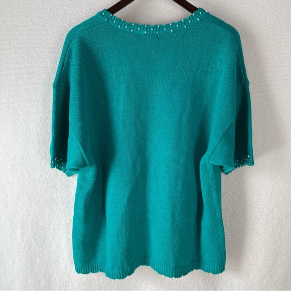 Vintage Sweater XL Lucia Cardigan Teal Green Knit Embroidered Floral Scalloped - Picture 15 of 16